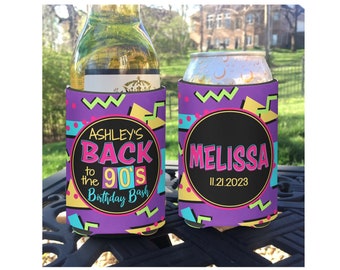 Retro 90s Themed Birthday Party favors insulated can / bottle coolers - Individually Personalized - Back to the 90s funny party favors