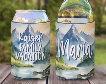 Family Mountain Vacation Weekend in the Woods Camping Themed insulated can/bottle coolers - Family Vacation watercolor mountain Coolies