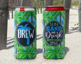 Personalized Beach Vacation Slim Can Coolies Sun Sand and a Drink in My Hand Slim Can Cooler in Blue Tropical Palms