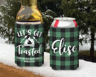 Mountain Snow Vacation Ski Themed insulated can/bottle coolers - Let's Get Toasted - personalized - Vacation Coolies Green Buffalo Plaid