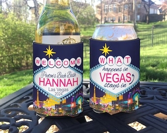 Las Vegas Vacation Bachelorette Bachelor or Birthday Party Favor insulated can / bottle coolers - Personalized - What Happens in Vegas