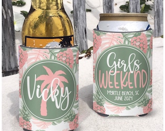 Beach vacation Girls Weekend or Girls Trip insulated can/bottle coolers - personalized - Pineapple and Palms in Light Coral and Sage