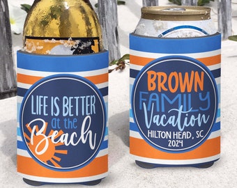 Orange, Navy and Blue Striped Family Beach Vacation Insulated can bottle coolers  Life is Better at the Beach. Personalized