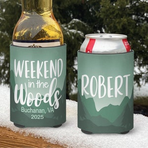Personalized Mountain Weekend Can Cooler: Green Watercolor Ski Trip Drink Coolies