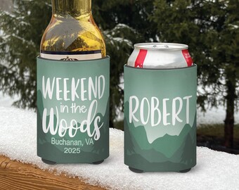 Mountain vacation Weekend in the Woods Snow Ski Themed insulated can/bottle coolers - personalized green watercolor mountain Coolies