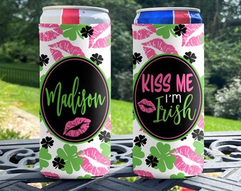 Personalized Slim Can Coolers - St. Patricks Slim Can Cooler - Kiss Me I'm Irish St Pats Slim Coolies