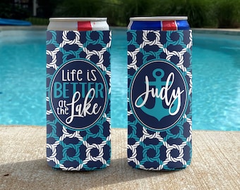 Lake Vibes Vacation Slim Can Coolers - Life is Better at the Lake - Personalized Girls Weekend coolies - Nautical Slim Can Coolers