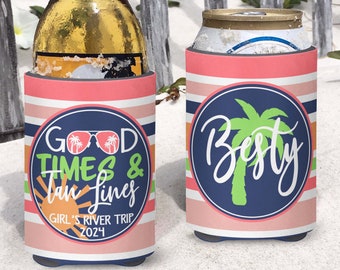 Coral, Navy and Peachy Striped Bachelorette Party  / Vacation Insulated can bottle coolers  Personalized. Good Times and Tan Lines