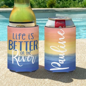 Life is Better on the River Personalized Insulated can bottle coolers  Boating Vacation - River Life - Watercolor Sunset