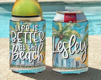 Beach Vacation Can Coolies Watercolor Beach Scene insulated can/bottle coolers - personalized - Life is Better at the Beach