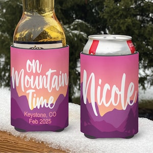 Mountain vacation Snow Ski Themed insulated can/bottle coolers - On Mountain Time Ski Coolies - personalized - Vacation Coolies