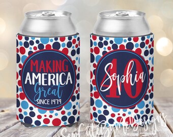 May include: Two red, white, and blue can coolers with a polka dot pattern. One cooler says "Making America Great Since 1979" and the other says "Sophia 40".