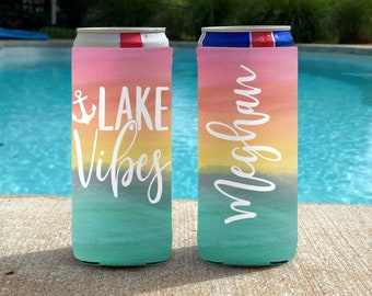 Lake Vibes Vacation Slim Can Coolers - Life is Better at the Lake - Personalized Girls Weekend coolies - Watercolor Sunset Slim Can Coolers