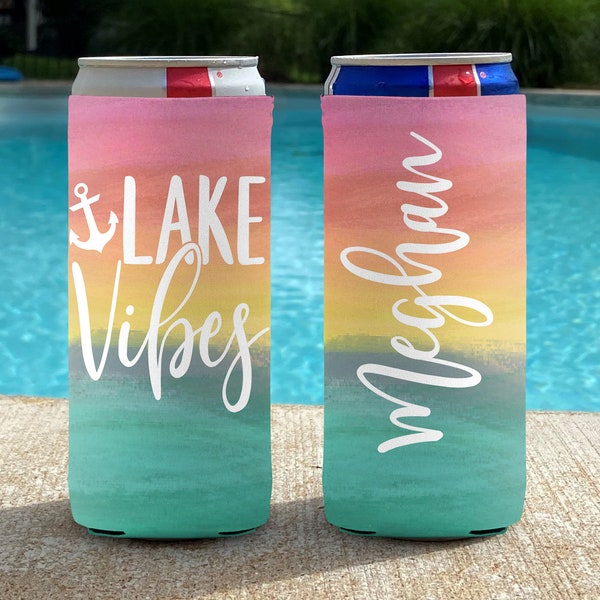 Lake Vibes Vacation Slim Can Coolers - Life is Better at the Lake - Personalized Girls Weekend coolies - Watercolor Sunset Slim Can Coolers