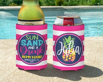 Family Beach Vacation Insulated can bottle coolers Bright Pineapple Pink Stripes Sun Sand and a Drink in My Hand