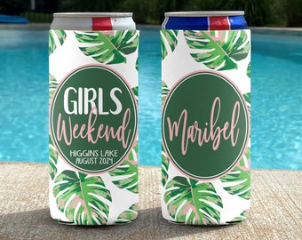 Personalized Slim Can Coolie - Beach Vacation Slim Can Coolers - Girls Weekend - Bachelorette Party Slim Can Coolers Pink Tropical Palms
