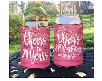 Birthday Party Favors can coolers for the 21st, 30th, 40th, 50th birthday celebration - girls 21st birthday gift - Pink Glitter