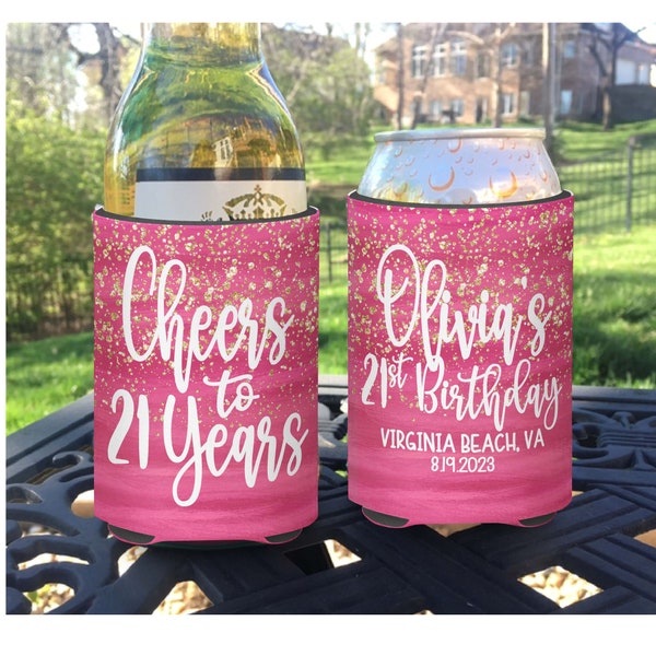 Birthday Party Favors can coolers for the 21st, 30th, 40th, 50th birthday celebration - girls 21st birthday gift - Pink Glitter