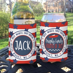 Red White and Brew can bottle coolie Party Favors Personalized - 4th of July Holiday - Family BBQ - Lake - Vacation