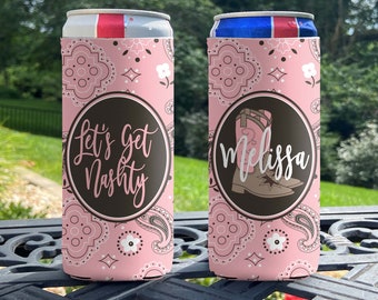 Personalized Slim Can Coolers - Nashville Slim Can Cooler - Let's Get Nashty - Nash Bash Bachelorette or Birthday Coolies in Pink