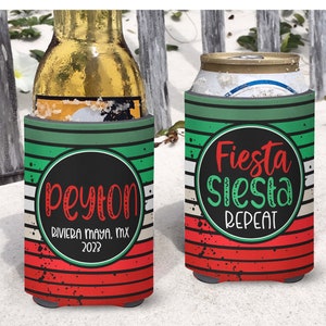 Custom Bachelorette Wedding Party insulated can / bottle coolers - Personalized - Fiesta Siesta Repeat Vacation / Mexico / Cancun