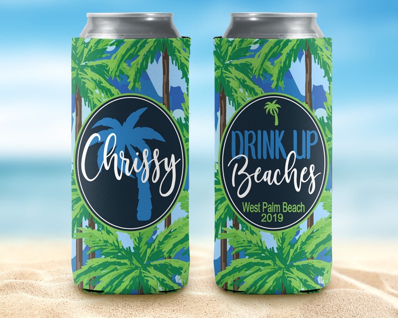 Bachelorette Party Slim Can Coolers Blue Tropical Palms Beach Vacation Slim Can Coolers Drink Up Beaches Personalized Slim Can Coolie