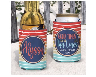 Personalized Beach Vacation Can Cooler: Ombre Sunset, Good Times Drink Coolies