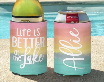 Life is Better at the Lake Personalized Insulated can bottle coolers  Lake Vacation - Lake Life - Watercolor Sunset Lake Coolie