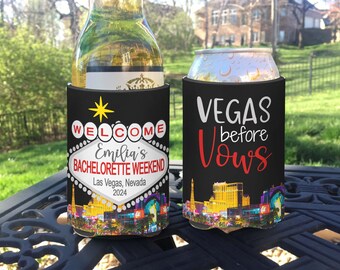 Las Vegas Bachelor Bachelorette Vacation Wedding Party insulated can / bottle coolers - Black City Landscape - Vegas Before Vows