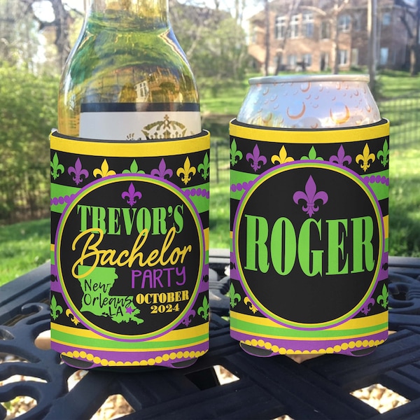 Custom Mardi Gras Bachelor Party insulated can / bottle coolers - Personalized - NOLA, New Orleans Bourbon Street Bachelorette Party