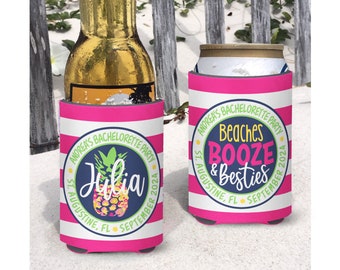 Beach Bachelorette Bright Pineapple Themed insulated can/bottle coolers - personalized - Beaches Booze and Besties