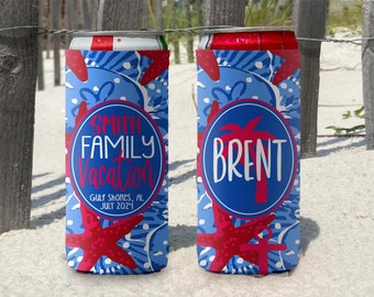 Personalized Slim Can Cooler: Family Beach Vacation Starfish Design