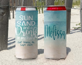 Personalized Beach Vacation Slim Can Coolie Sun Sand and a Drink in My Hand Watercolor Can Coolies