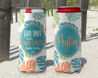 Personalized Skinny Slim Can Coolie - Good Times and Tan Lines Slim Can Coolers - Girls Weekend Bachelorette Party or Birthday Party Favors