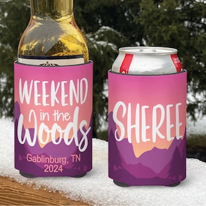 Mountain vacation Snow Ski Themed insulated can/bottle coolers - Weekend in the Woods Ski Coolies - Girls Weekend - Vacation Coolies