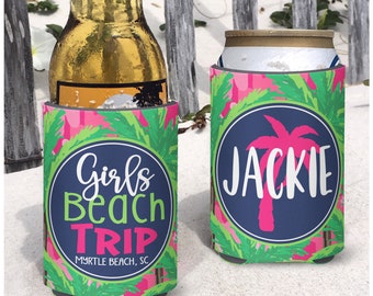 Beach vacation Girls Beach Trip insulated can/bottle coolers girls weekend cozies Pink Palms