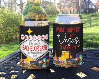 Las Vegas Bachelor Bachelorette Vacation Wedding Party Favors insulated can / bottle coolers - Black City Landscape - What Happens in Vegas