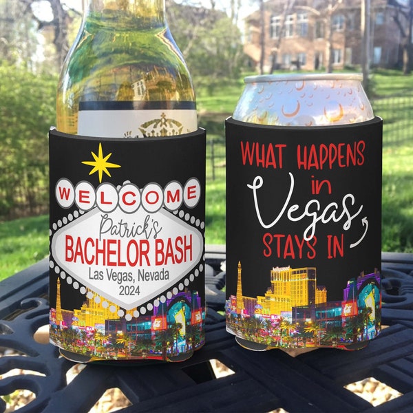 Las Vegas Bachelor Bachelorette Vacation Wedding Party Favors insulated can / bottle coolers - Black City Landscape - What Happens in Vegas