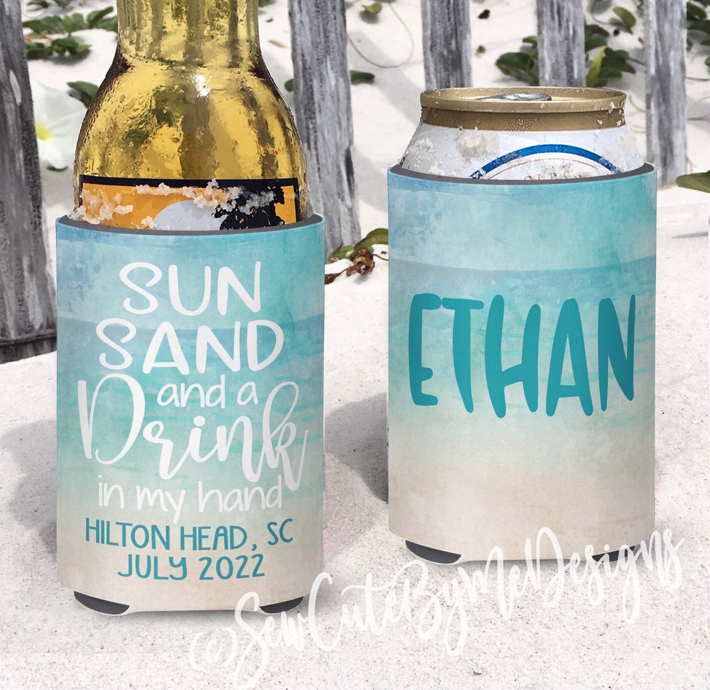 Family Beach Vacation Insulated can bottle coolers - Individually  Personalized - Sun Sand and a Drink in my Hand - Red and Blue Starfish