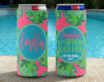 Personalized Tropical Slim Can Cooler: Beach Vacation Birthday