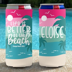 Personalized Slim Can Coolie - Beach Vacation Slim Can Coolers - Life is Better at the Beach - Pink Sunset Stripe