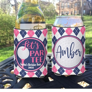 Golf Themed insulated can/bottle coolers - Let&#39;s Partee Coolies - Bachelorette Party - Birthday Party Coolies. Pink