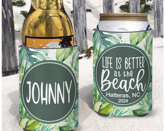 Beach vacation palm tree Coastal Themed insulated can/bottle coolers - personalized - Life is Better at the Beach - Palms