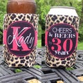 Birthday insulated can / bottle coolers - Cheers and Beers to 21, 30, 40, 50 Years - Leopard Print Party Favors