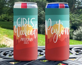 Personalized Slim Can Coolie - Girls Weekend Slim Can Coolers - Arizona Cactus - Sunset Stripe