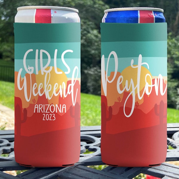 Personalized Slim Can Coolie - Girls Weekend Slim Can Coolers - Arizona Cactus - Sunset Stripe