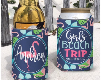 Girls Weekend Beach Vacation Insulated can bottle coolers.  Beaches Booze and Besties. Girls Trip Flamingo Bikini Coolies.