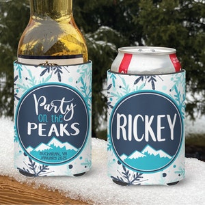 Mountain vacation Snow Ski Themed insulated can/bottle coolers - Party on the Peaks Ski Coolies - personalized - Vacation Coolies