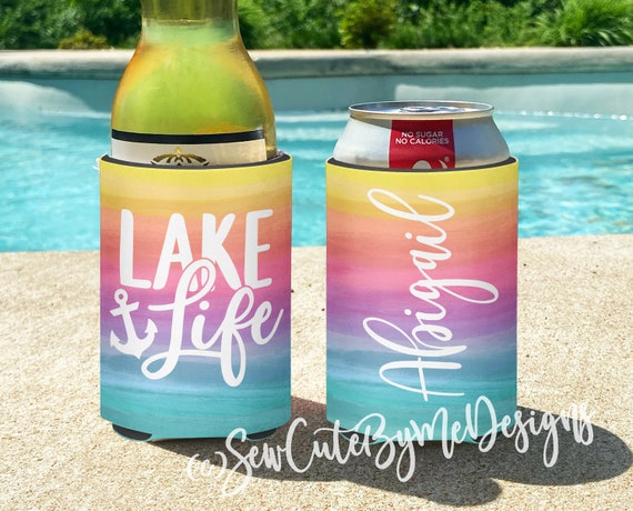 Lake Life Personalized Insulated Can Bottle Coolers Lake Vacation  Watercolor Sunset Lake Coolie 