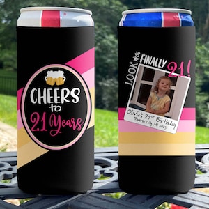 Personalized Slim Can Coolers - 21st Birthday Slim Can Coolie - Slim Photo Coolies